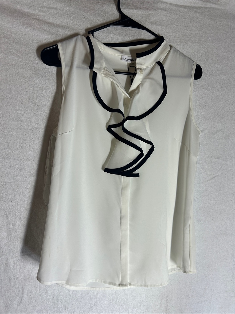 Calvin Klein White Sleeveless Ruffle-Trim Camisole with Black Piping